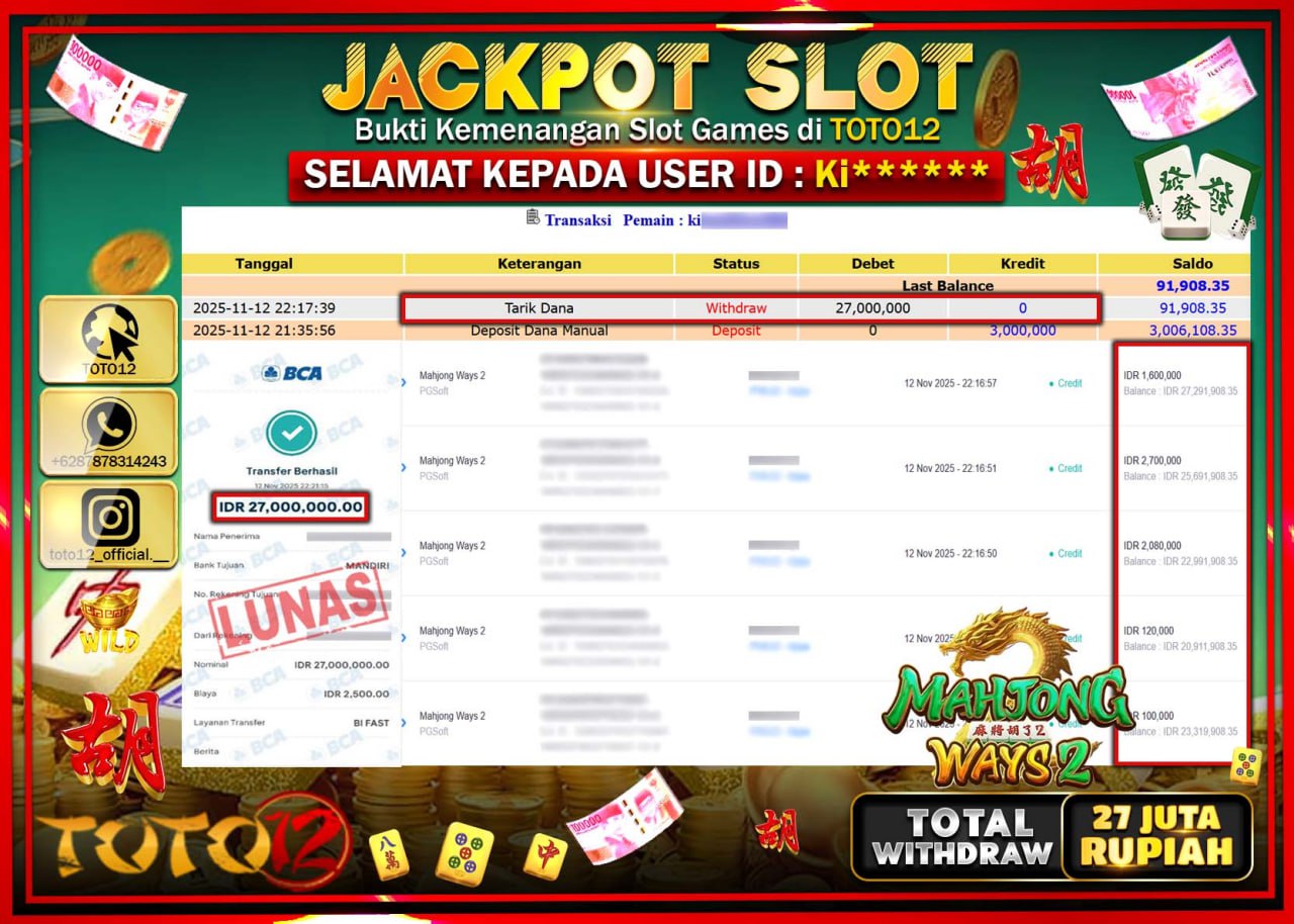 HANYA DI TOTO12 JP PASTI DI BAYAR LUNAS DAN CEPAT!!!!!! JACKPOT SLOT GAME (MAHJONG WAYS 2) Rp.27.000.000 !!!!