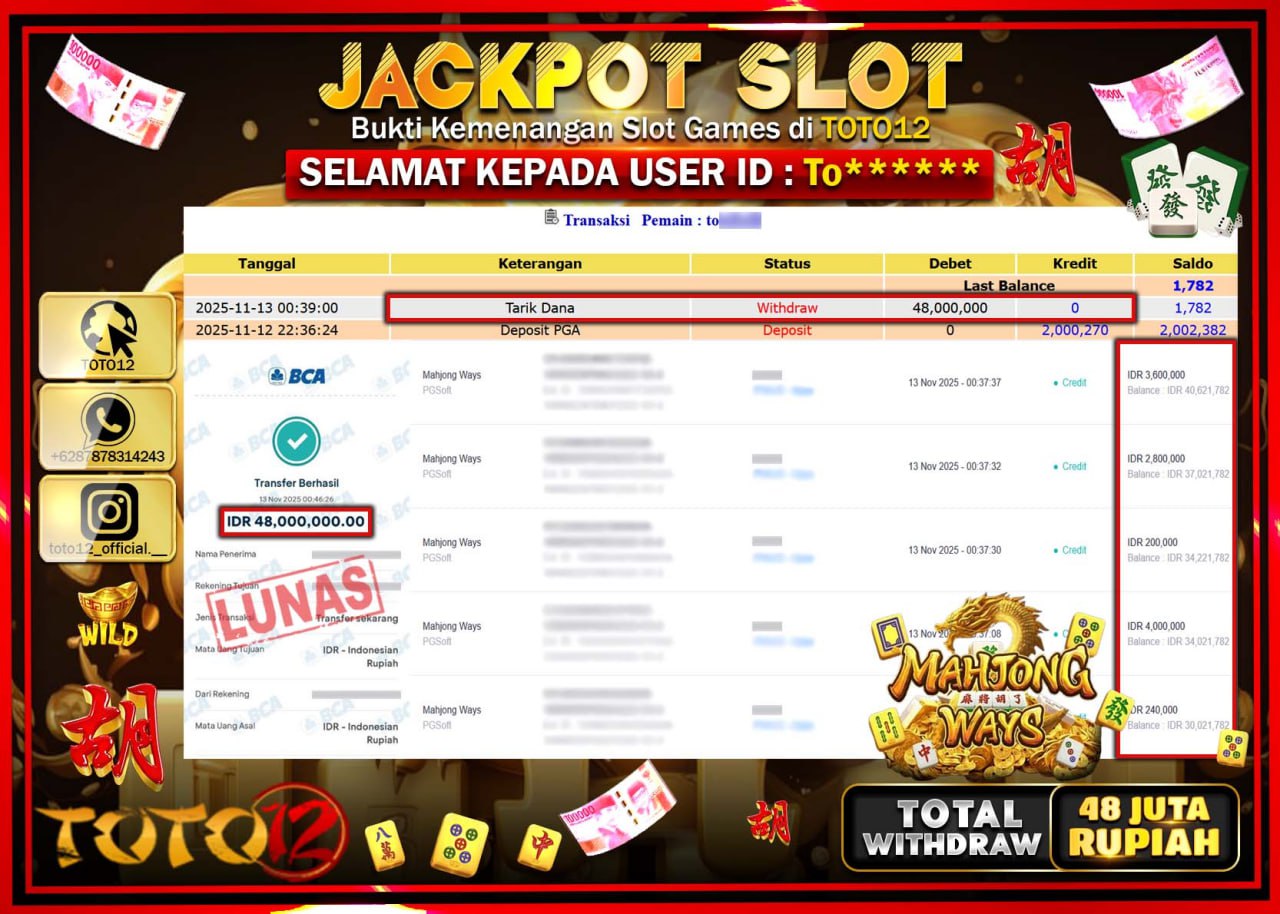 HANYA DI TOTO12 JP PASTI DI BAYAR LUNAS DAN CEPAT!!!!!! JACKPOT SLOT GAME (MAHJONG WAYS) Rp.48.000.000 !!!!