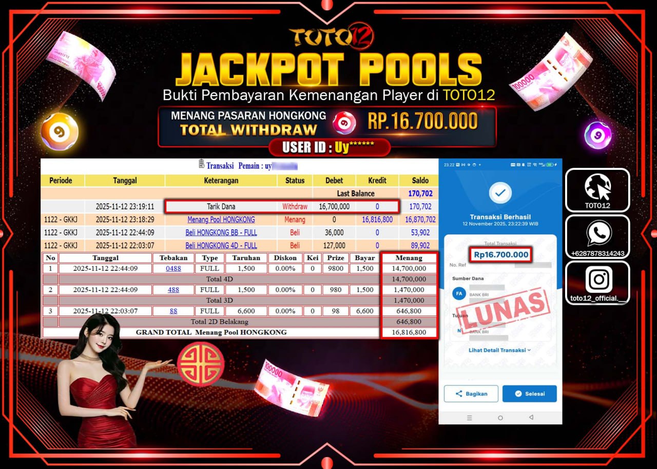 HANYA DI TOTO12 JP PASTI DI BAYAR LUNAS DAN CEPAT!!!!!! JACKPOT POOLS PASARAN (HONGKONG) Rp.16.700.000 !!!!
