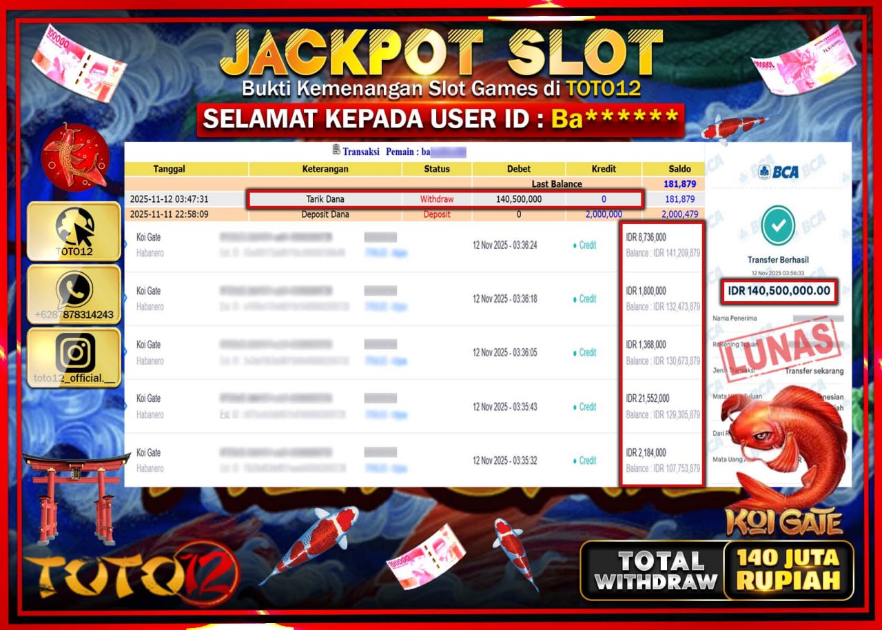HANYA DI TOTO12 JP PASTI DI BAYAR LUNAS DAN CEPAT!!!!!! JACKPOT SLOT GAME (KOI GATE) Rp.140.500.000 !!!!