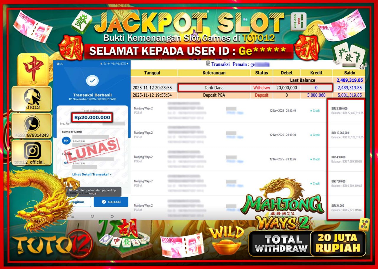 HANYA DI TOTO12 JP PASTI DI BAYAR LUNAS DAN CEPAT!!!!!! JACKPOT SLOT GAME (MAHJONG WAYS 2) Rp.20.000.000 !!!!