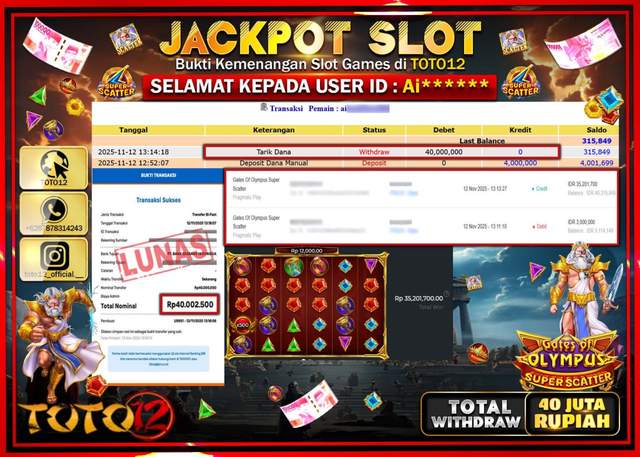 HANYA DI TOTO12 JP PASTI DI BAYAR LUNAS DAN CEPAT!!!!!! JACKPOT SLOT GAME (GATES OF OLYMPUS SUPER SCATTER) Rp.40.000.000 !!!!