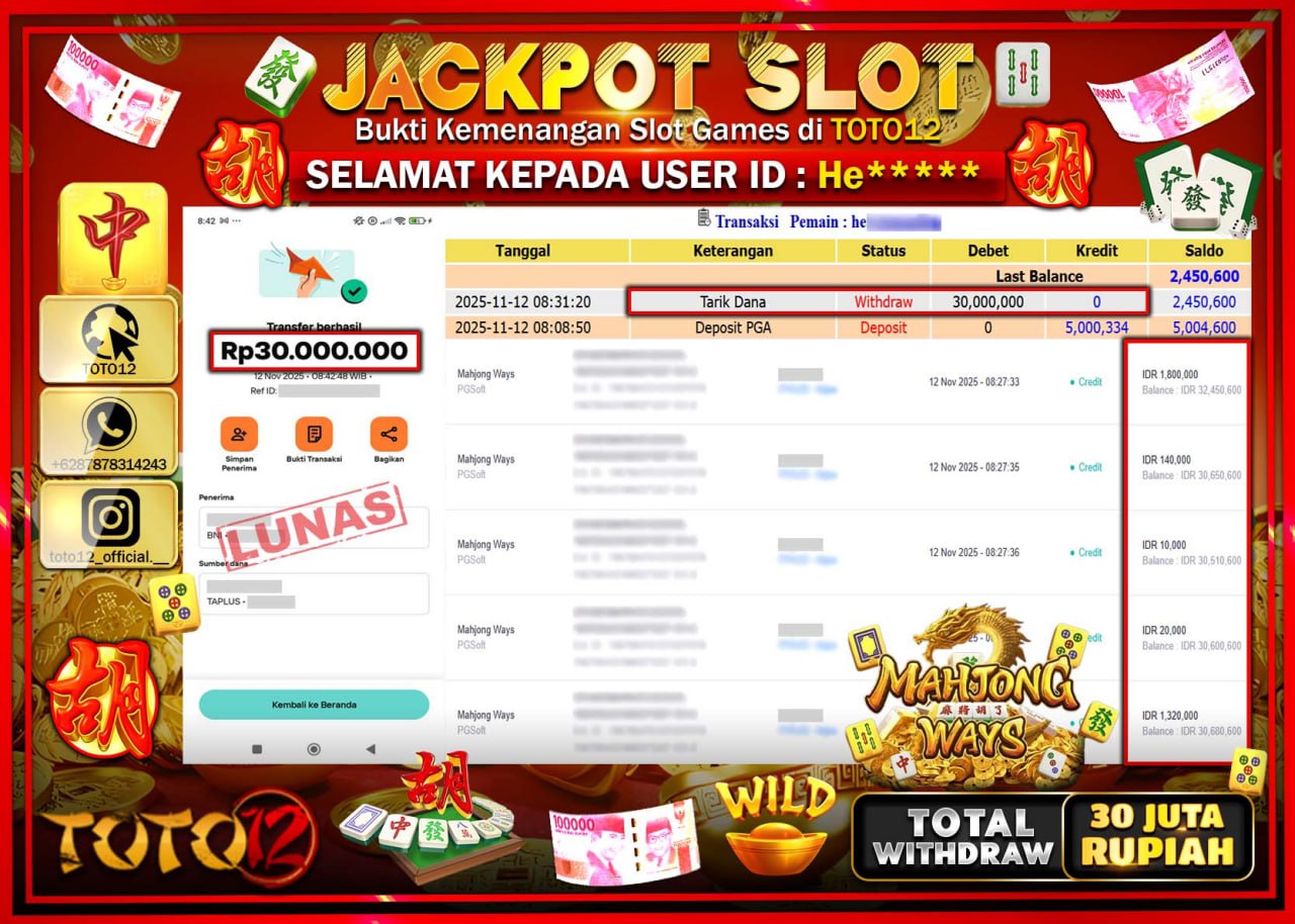 HANYA DI TOTO12 JP PASTI DI BAYAR LUNAS DAN CEPAT!!!!!! JACKPOT SLOT GAME (MAHJONG WAYS) Rp.30.000.000 !!!!
