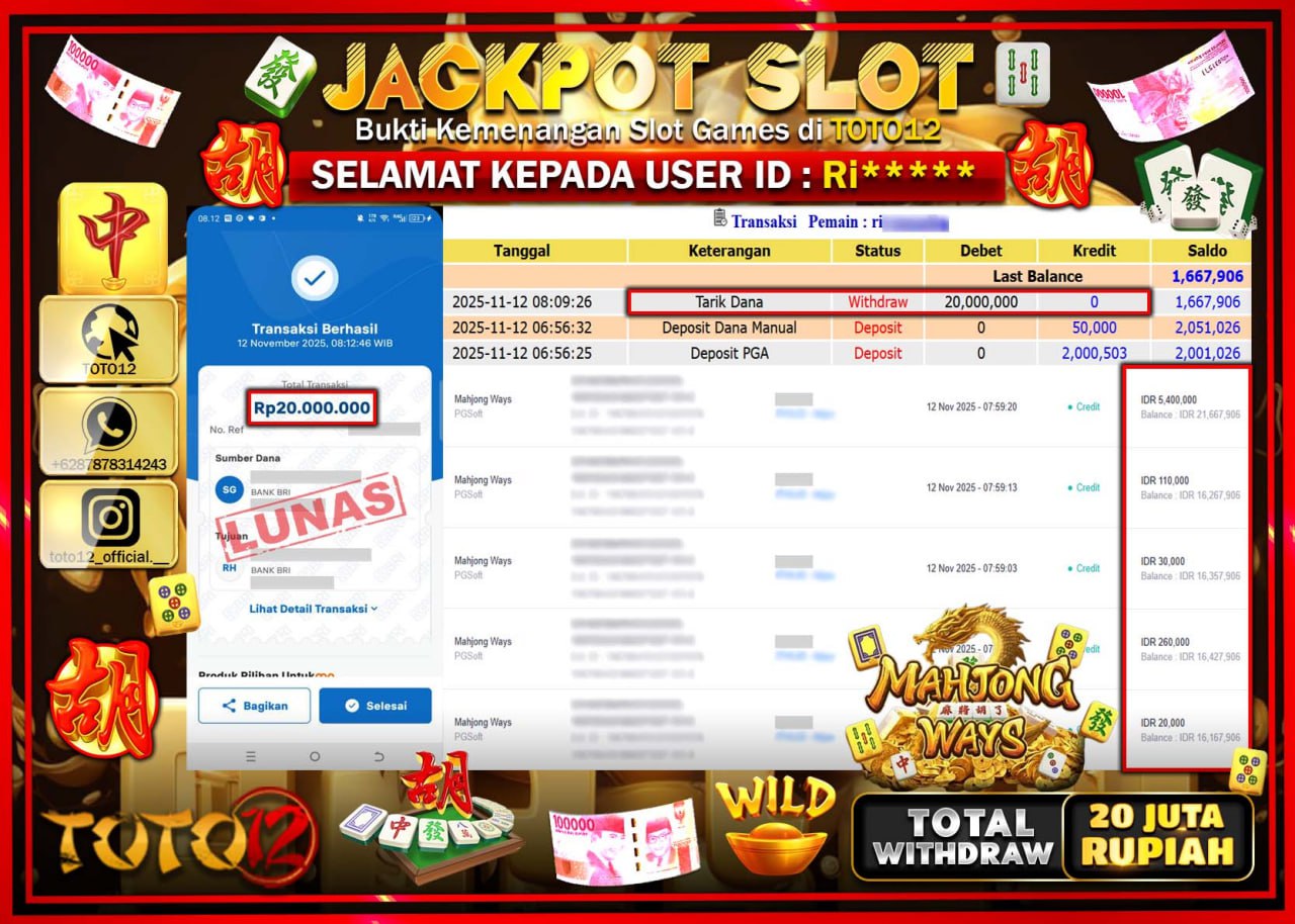HANYA DI TOTO12 JP PASTI DI BAYAR LUNAS DAN CEPAT!!!!!! JACKPOT SLOT GAME (MAHJONG WAYS) Rp.20.000.000 !!!!