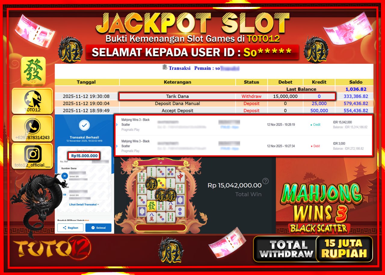 HANYA DI TOTO12 JP PASTI DI BAYAR LUNAS DAN CEPAT!!!!!! JACKPOT SLOT GAME (MAHJONG WINS 3 BLACK SCATTER) Rp.15.000.000 !!!!