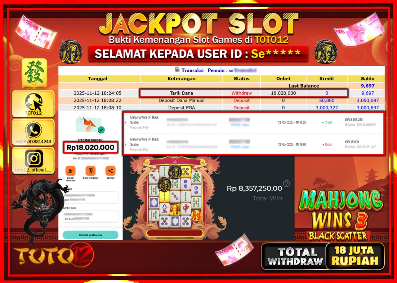 HANYA DI TOTO12 JP PASTI DI BAYAR LUNAS DAN CEPAT!!!!!! JACKPOT SLOT GAME (MAHJONG WINS 3 BLACK SCATTER) Rp.18.020.000 !!!!
