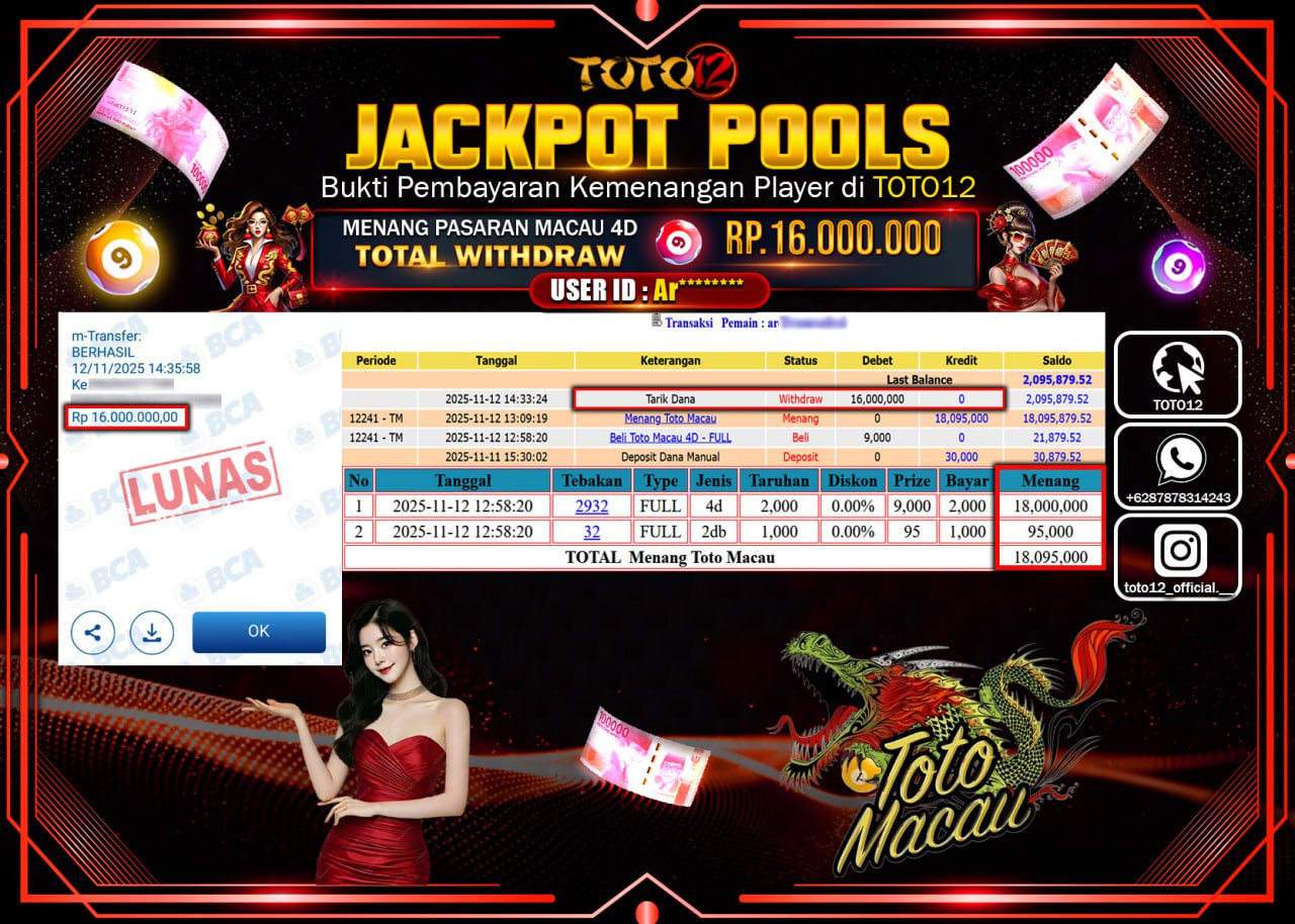 HANYA DI TOTO12 JP PASTI DI BAYAR LUNAS DAN CEPAT!!!!!! JACKPOT POOLS PASARAN (MACAU 4D) Rp.16.000.000 !!!!
