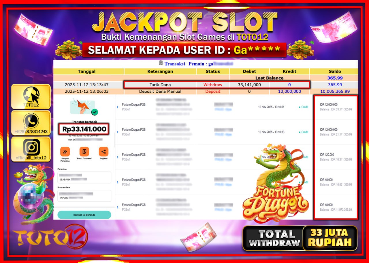 HANYA DI TOTO12 JP PASTI DI BAYAR LUNAS DAN CEPAT!!!!!! JACKPOT SLOT GAME (FORTUNE DRAGON) Rp.33.141.000 !!!!