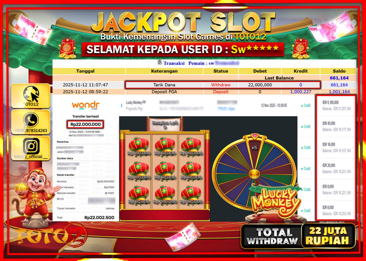 HANYA DI TOTO12 JP PASTI DI BAYAR LUNAS DAN CEPAT!!!!!! JACKPOT SLOT GAME (LUCKY MONKEY) Rp.22.000.000 !!!!