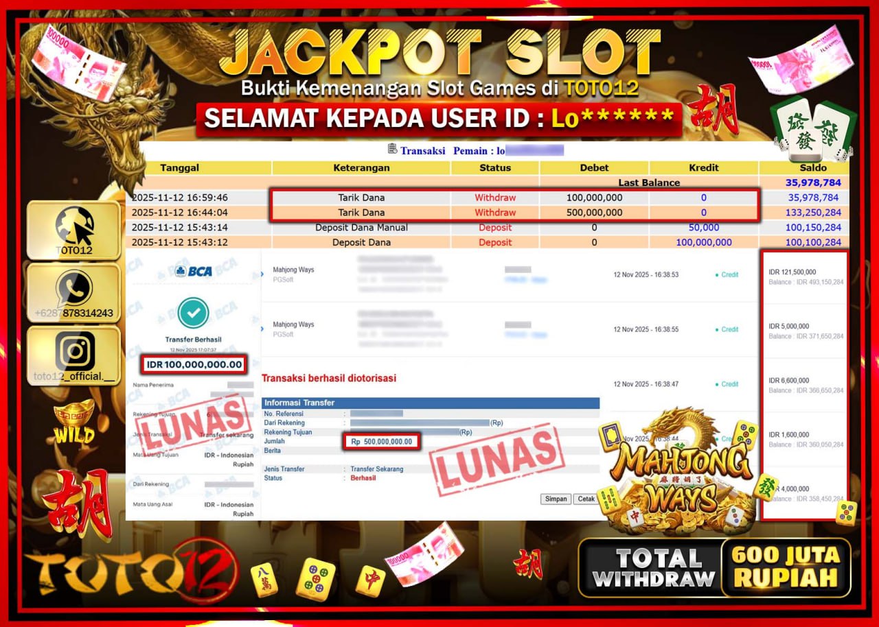 HANYA DI TOTO12 JP PASTI DI BAYAR LUNAS DAN CEPAT!!!!!! JACKPOT SLOT GAME (MAHJONG WAYS) Rp.600.000.000 !!!!