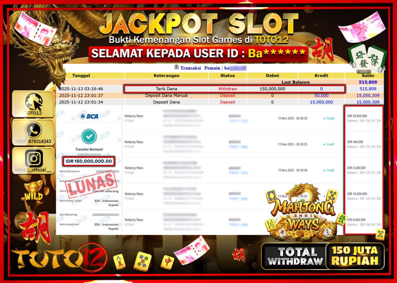 HANYA DI TOTO12 JP PASTI DI BAYAR LUNAS DAN CEPAT!!!!!! JACKPOT SLOT GAME (MAHJONG WAYS) Rp.150.000.000 !!!!