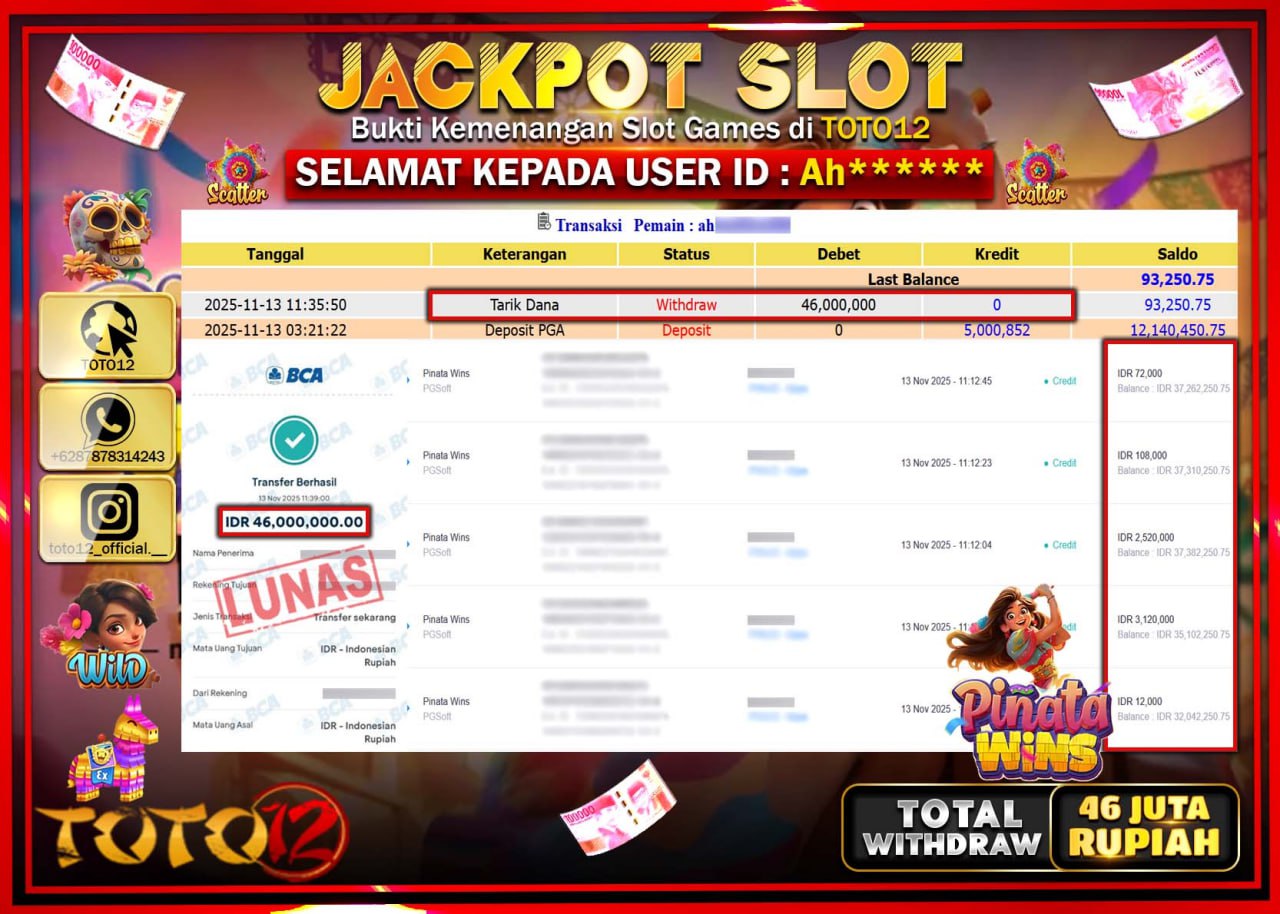 HANYA DI TOTO12 JP PASTI DI BAYAR LUNAS DAN CEPAT!!!!!! JACKPOT SLOT GAME (PINATA WINS) Rp.46.000.000 !!!!