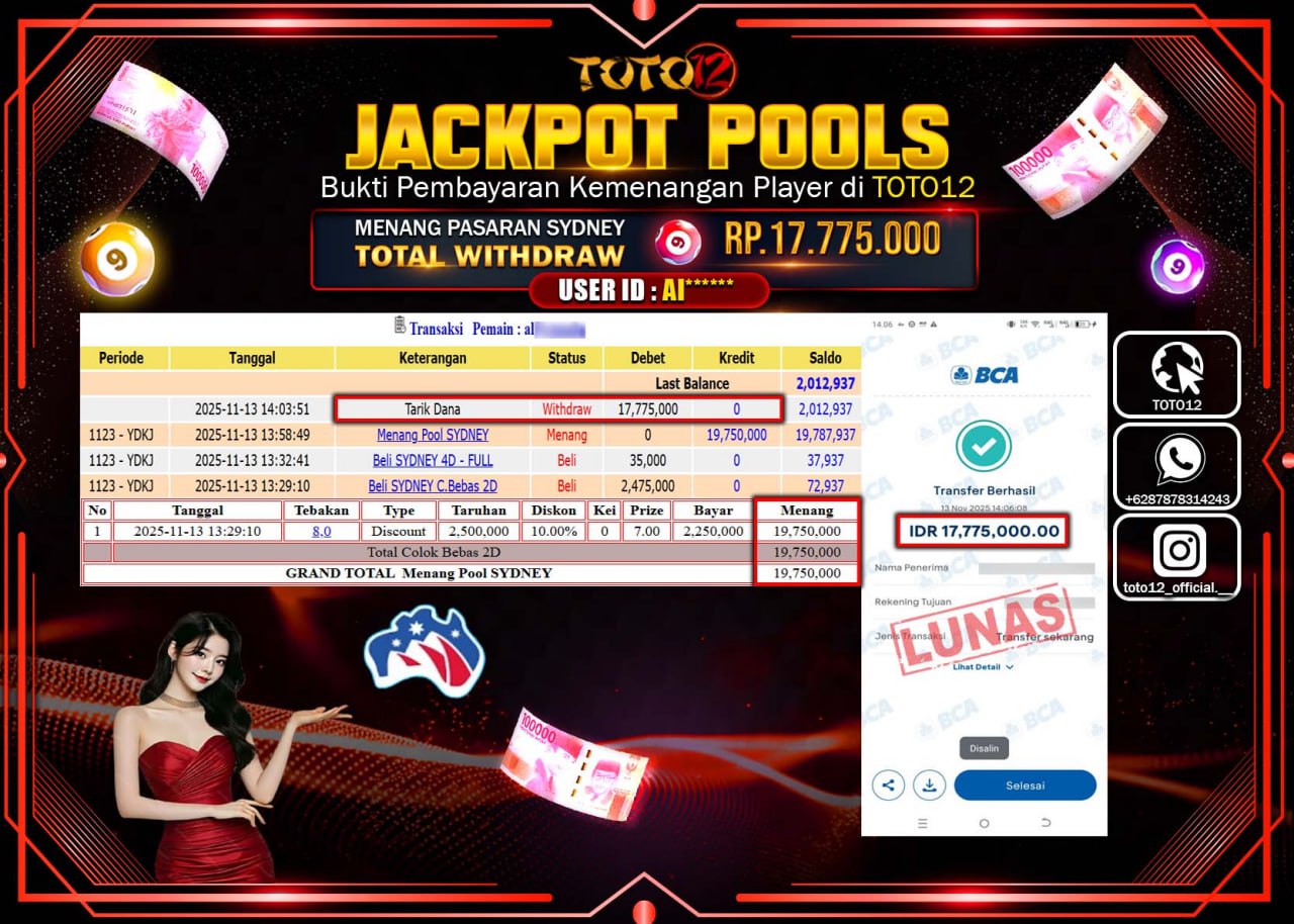 HANYA DI TOTO12 JP PASTI DI BAYAR LUNAS DAN CEPAT!!!!!! JACKPOT POOLS PASARAN (SYDNEY) Rp.17.775.000 !!!!