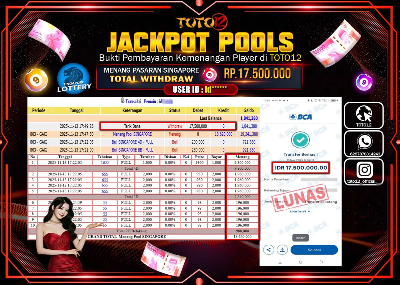 HANYA DI TOTO12 JP PASTI DI BAYAR LUNAS DAN CEPAT!!!!!! JACKPOT POOLS PASARAN (SINGAPORE) Rp.17.500.000 !!!!