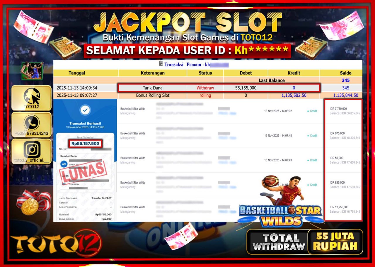HANYA DI TOTO12 JP PASTI DI BAYAR LUNAS DAN CEPAT!!!!!! JACKPOT SLOT GAME (BASKETBALL STAR WILDS) Rp.55.155.000 !!!!