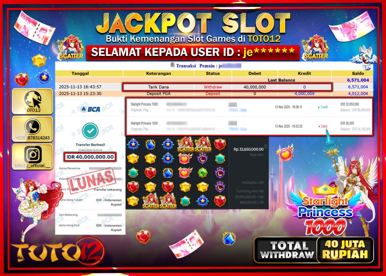 HANYA DI TOTO12 JP PASTI DI BAYAR LUNAS DAN CEPAT!!!!!! JACKPOT SLOT GAME (STARLIGHT PRINCESS 1000) Rp.40.000.000 !!!!