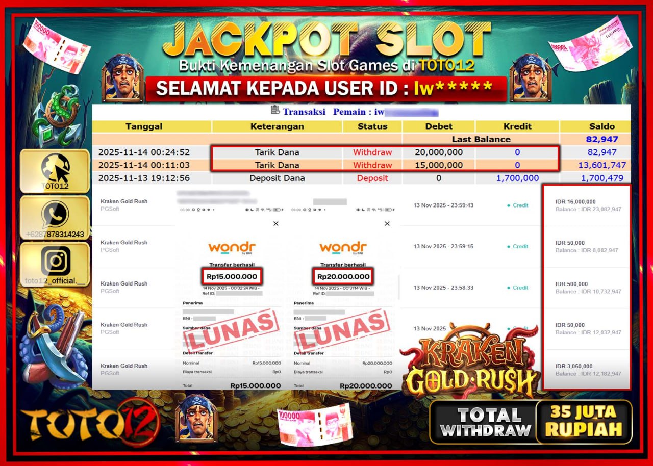 HANYA DI TOTO12 JP PASTI DI BAYAR LUNAS DAN CEPAT!!!!!! JACKPOT SLOT GAME (KRAKEN GOLD RUSH) Rp.35.000.000 !!!!