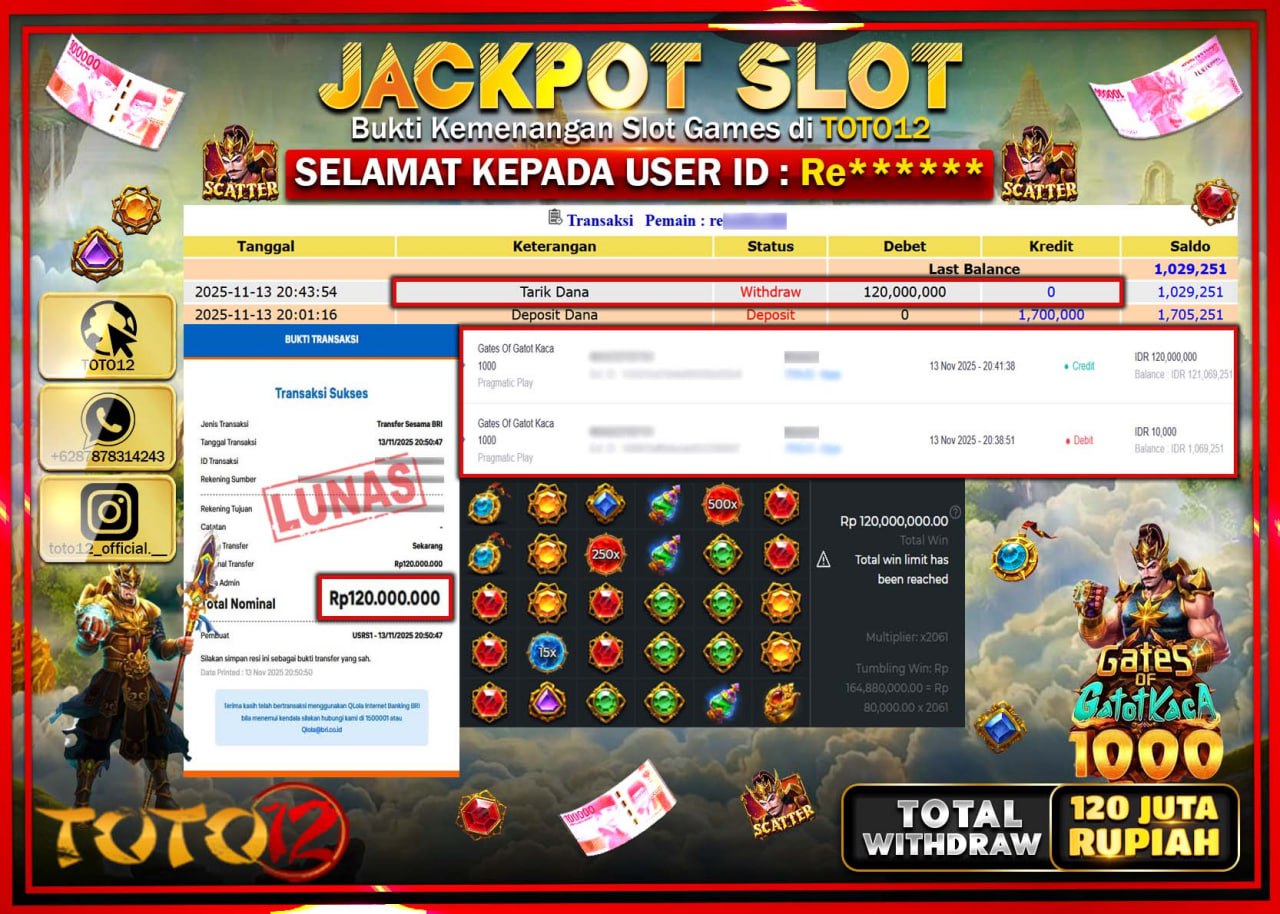 HANYA DI TOTO12 JP PASTI DI BAYAR LUNAS DAN CEPAT!!!!!! JACKPOT SLOT GAME (GATES OF GATOT KACA 1000) Rp.120.000.000 !!!!