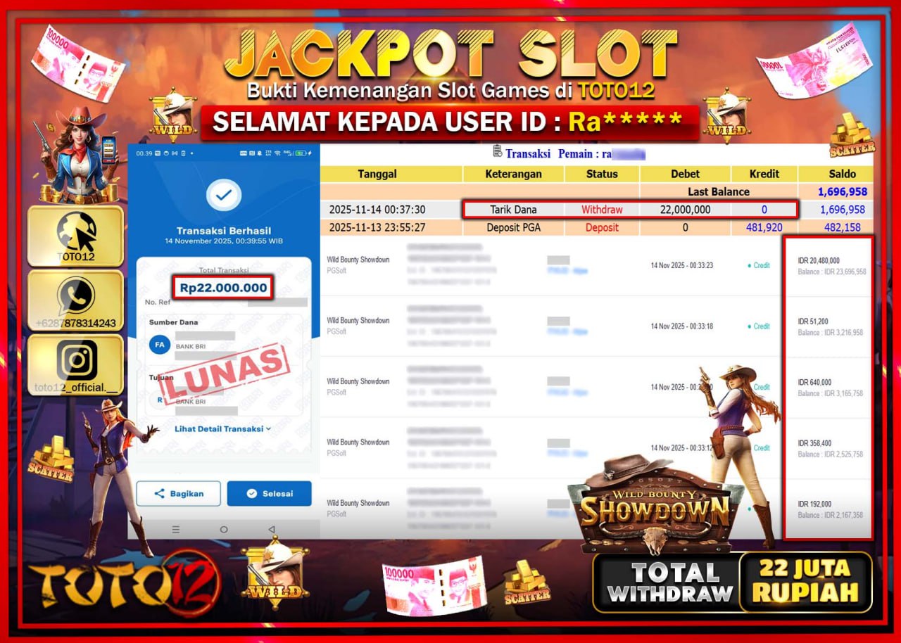 HANYA DI TOTO12 JP PASTI DI BAYAR LUNAS DAN CEPAT!!!!!! JACKPOT SLOT GAME (WILD BOUNTY SHOWDOWN) Rp.22.000.000 !!!!