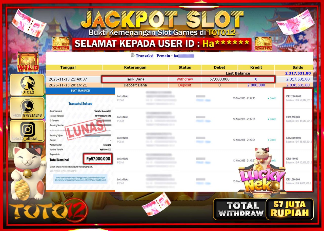HANYA DI TOTO12 JP PASTI DI BAYAR LUNAS DAN CEPAT!!!!!! JACKPOT SLOT GAME (LUCKY NEKO) Rp.57.000.000 !!!!