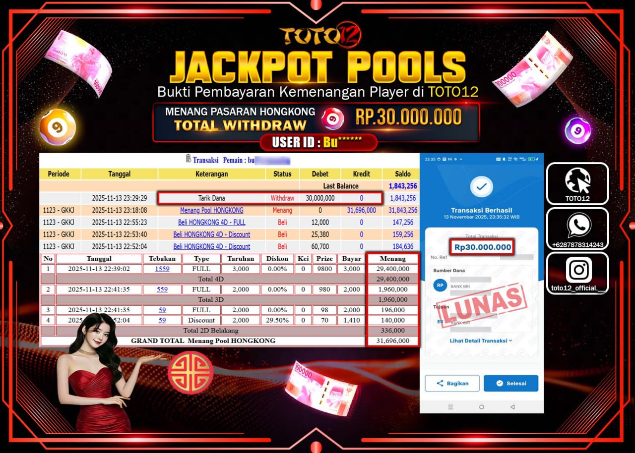 HANYA DI TOTO12 JP PASTI DI BAYAR LUNAS DAN CEPAT!!!!!! JACKPOT POOLS PASARAN (HONGKONG) Rp.30.000.000 !!!!