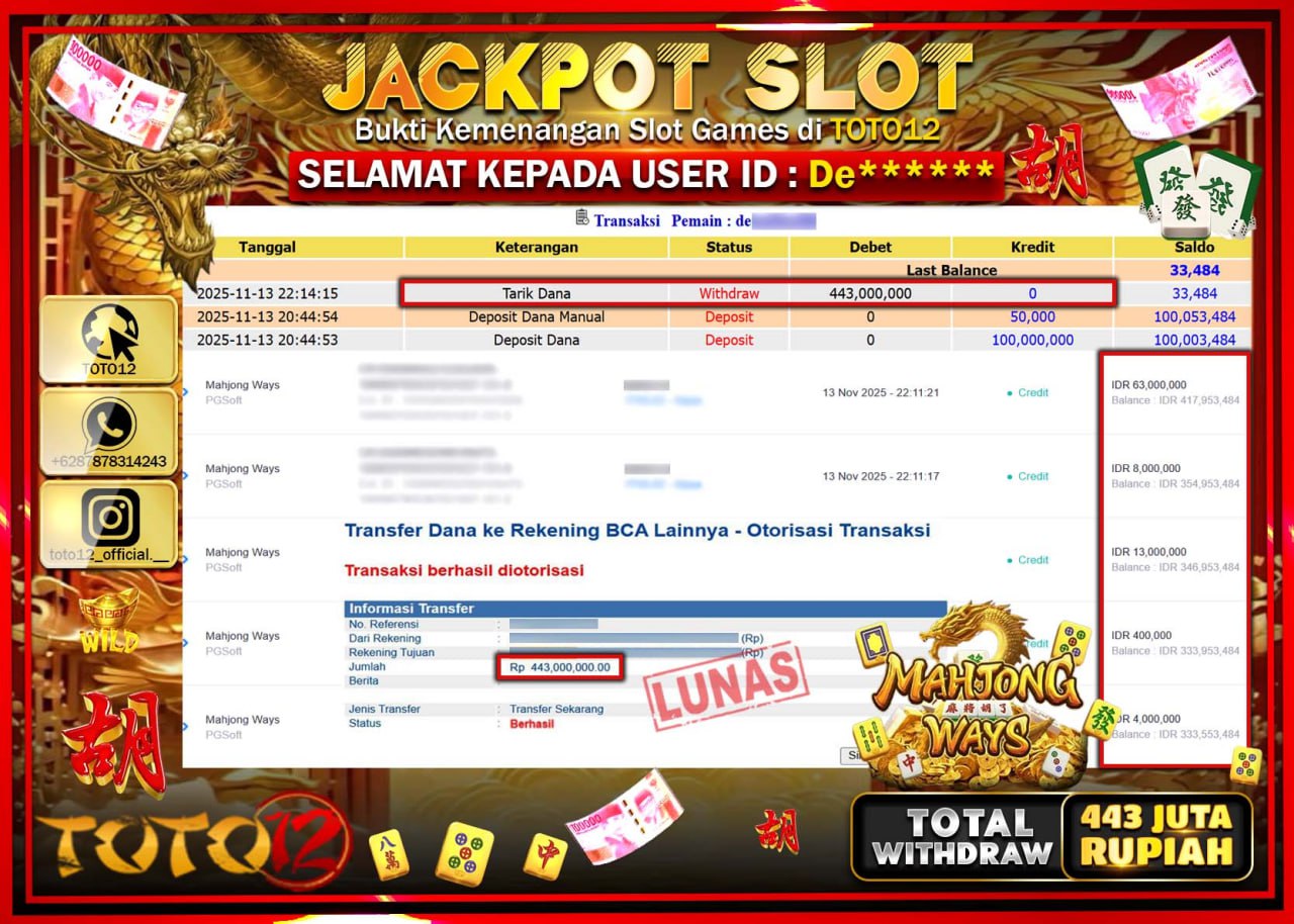 HANYA DI TOTO12 JP PASTI DI BAYAR LUNAS DAN CEPAT!!!!!! JACKPOT SLOT GAME (MAHJONG WAYS) Rp.443.000.000 !!!!