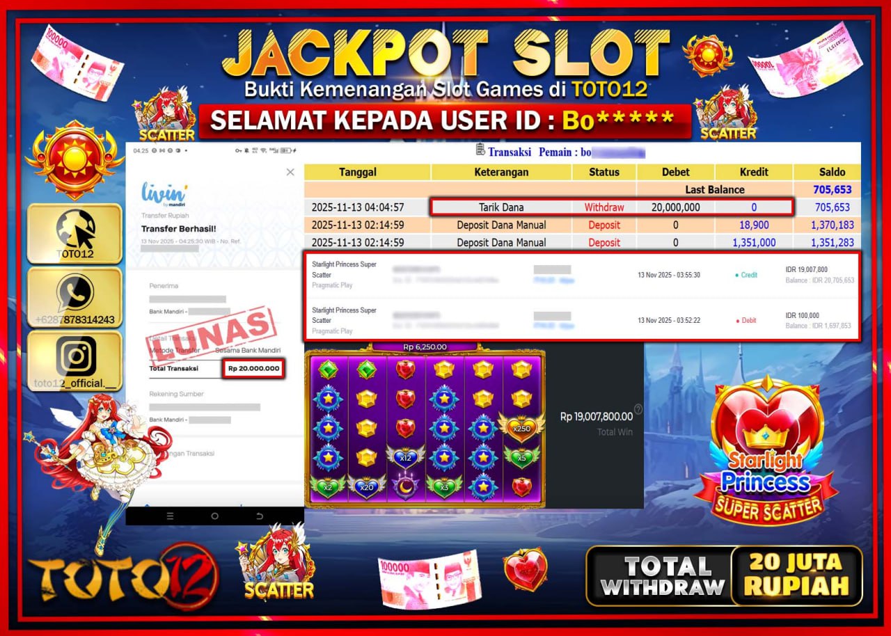 HANYA DI TOTO12 JP PASTI DI BAYAR LUNAS DAN CEPAT!!!!!! JACKPOT SLOT GAME (STARLIGHT PRINCESS SUPER SCATTER) Rp.20.000.000 !!!!
