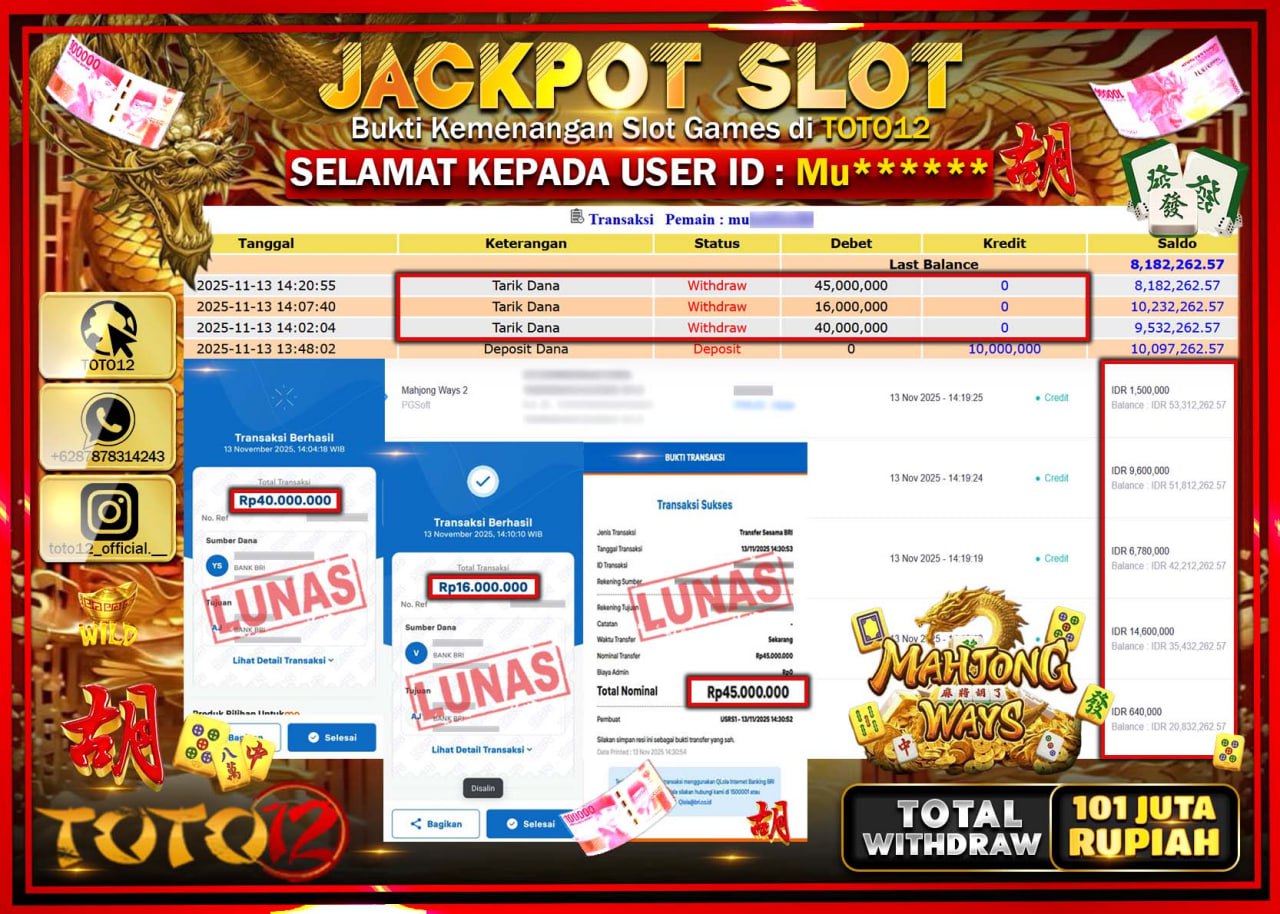 HANYA DI TOTO12 JP PASTI DI BAYAR LUNAS DAN CEPAT!!!!!! JACKPOT SLOT GAME (MAHJONG WAYS) Rp.101.000.000 !!!!