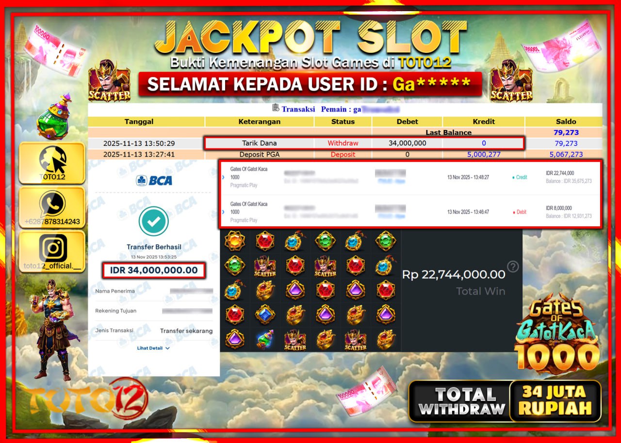 HANYA DI TOTO12 JP PASTI DI BAYAR LUNAS DAN CEPAT!!!!!! JACKPOT SLOT GAME (GATES OF GATOT KACA 1000) Rp.34.000.000 !!!!