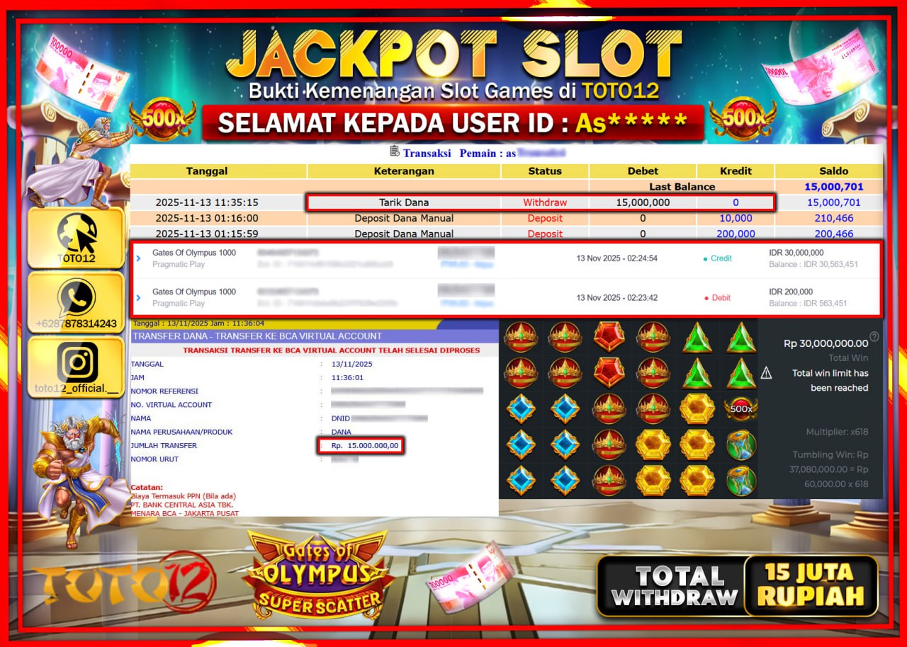 HANYA DI TOTO12 JP PASTI DI BAYAR LUNAS DAN CEPAT!!!!!! JACKPOT SLOT GAME (GATES OF OLYMPUS SUPER SCATTER) Rp.15.000.000 !!!!