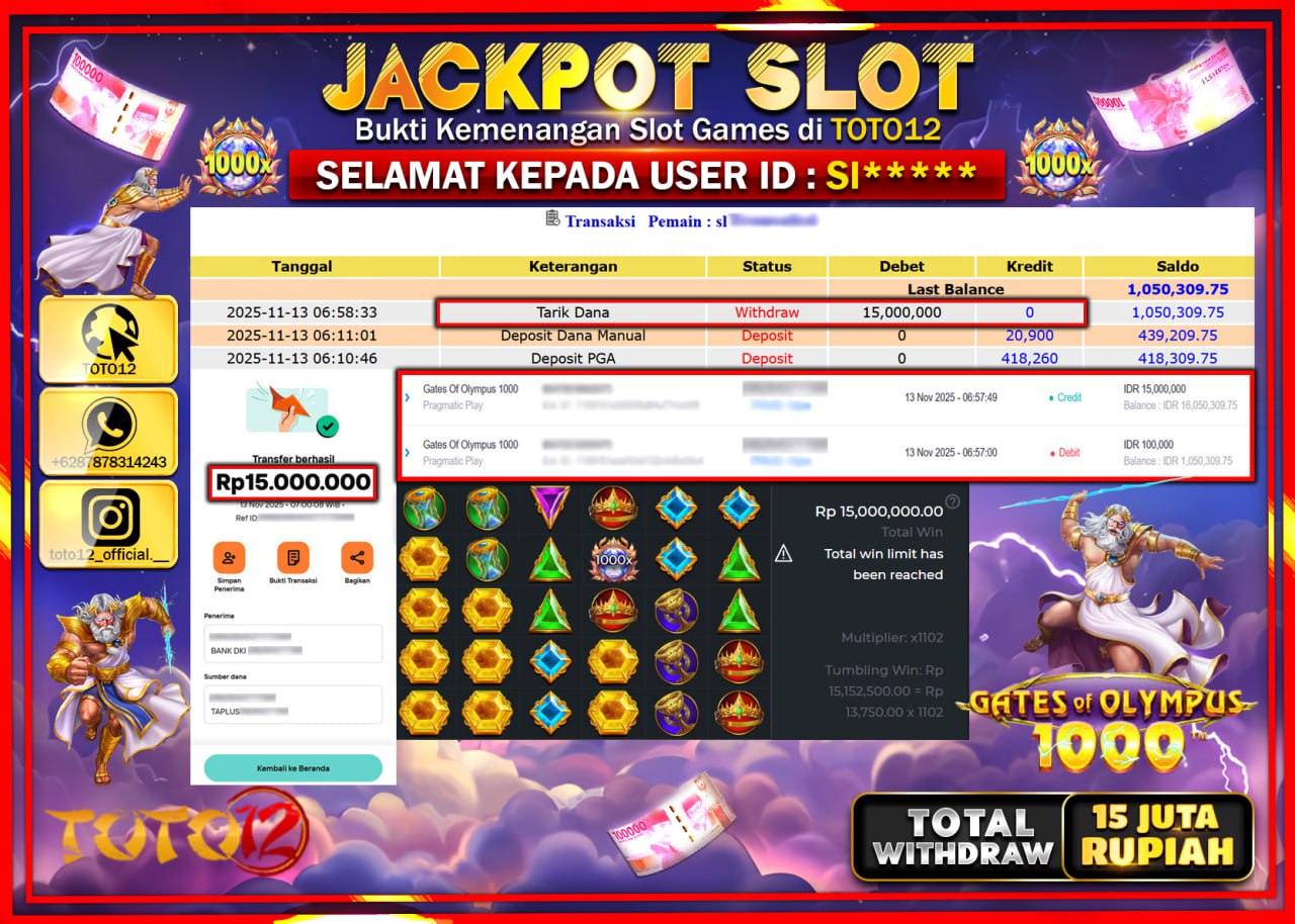 HANYA DI TOTO12 JP PASTI DI BAYAR LUNAS DAN CEPAT!!!!!! JACKPOT SLOT GAME (GATES OF OLYMPUS 1000) Rp.15.000.000 !!!!
