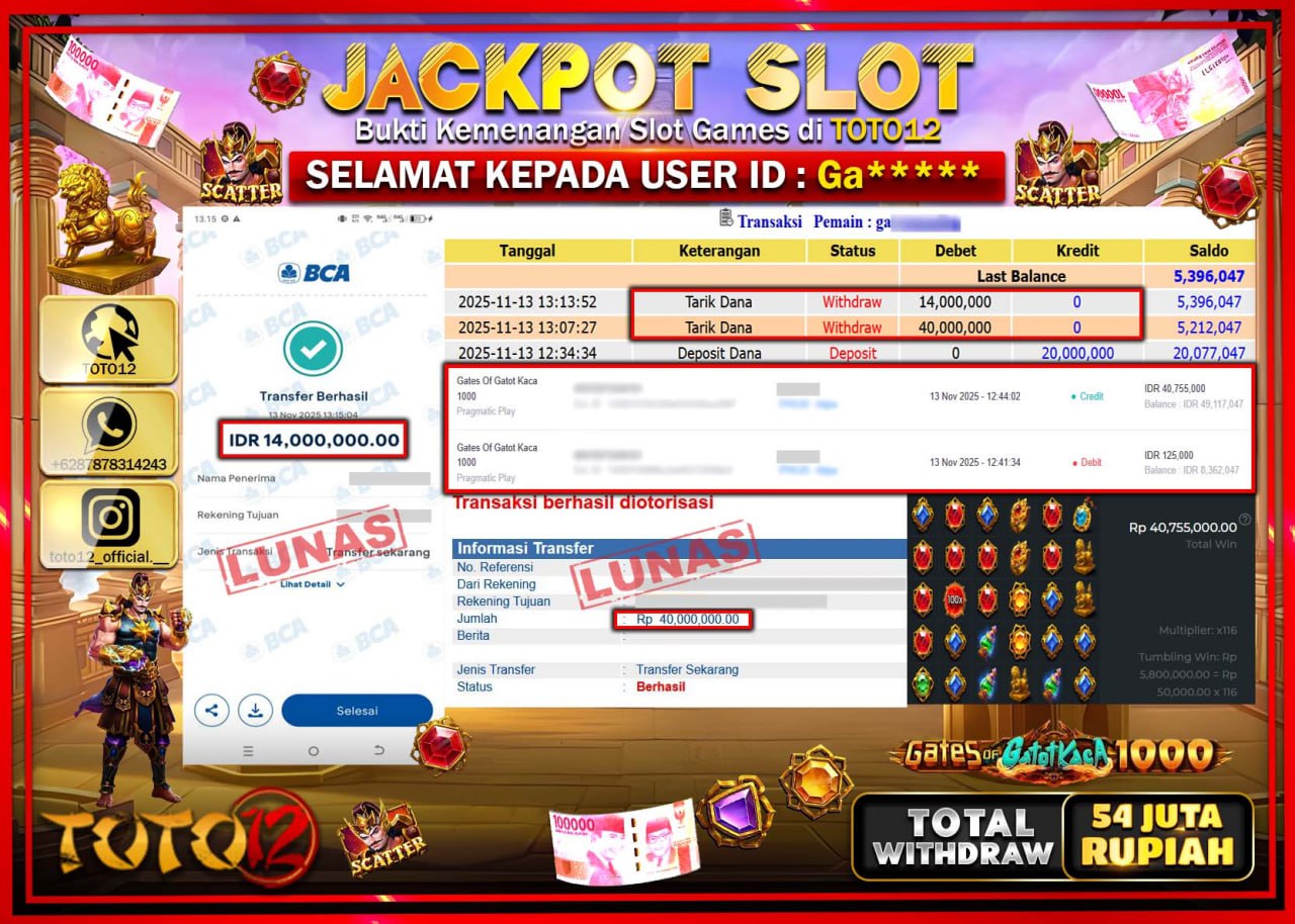 HANYA DI TOTO12 JP PASTI DI BAYAR LUNAS DAN CEPAT!!!!!! JACKPOT SLOT GAME (GATES OF GATOT KACA 1000) Rp.54.000.000 !!!!