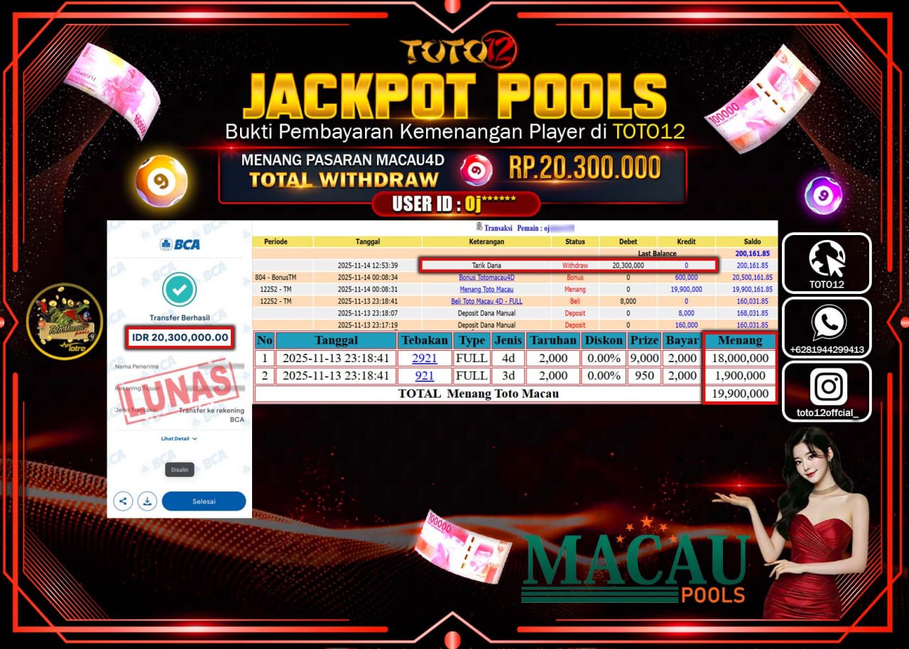 HANYA DI TOTO12 JP PASTI DI BAYAR LUNAS DAN CEPAT!!!!!! JACKPOT POOLS PASARAN (MACAU 4D) Rp.20.300.000 !!!!