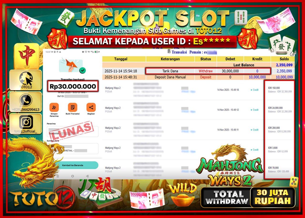 HANYA DI TOTO12 JP PASTI DI BAYAR LUNAS DAN CEPAT!!!!!! JACKPOT SLOT GAME (MAHJONG WAYS 2) Rp.30.00.000 !!!!