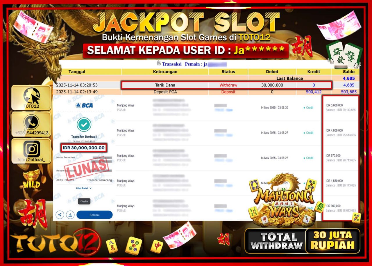 HANYA DI TOTO12 JP PASTI DI BAYAR LUNAS DAN CEPAT!!!!!! JACKPOT SLOT GAME (MAHJONG WAYS) Rp.30.000.000 !!!!