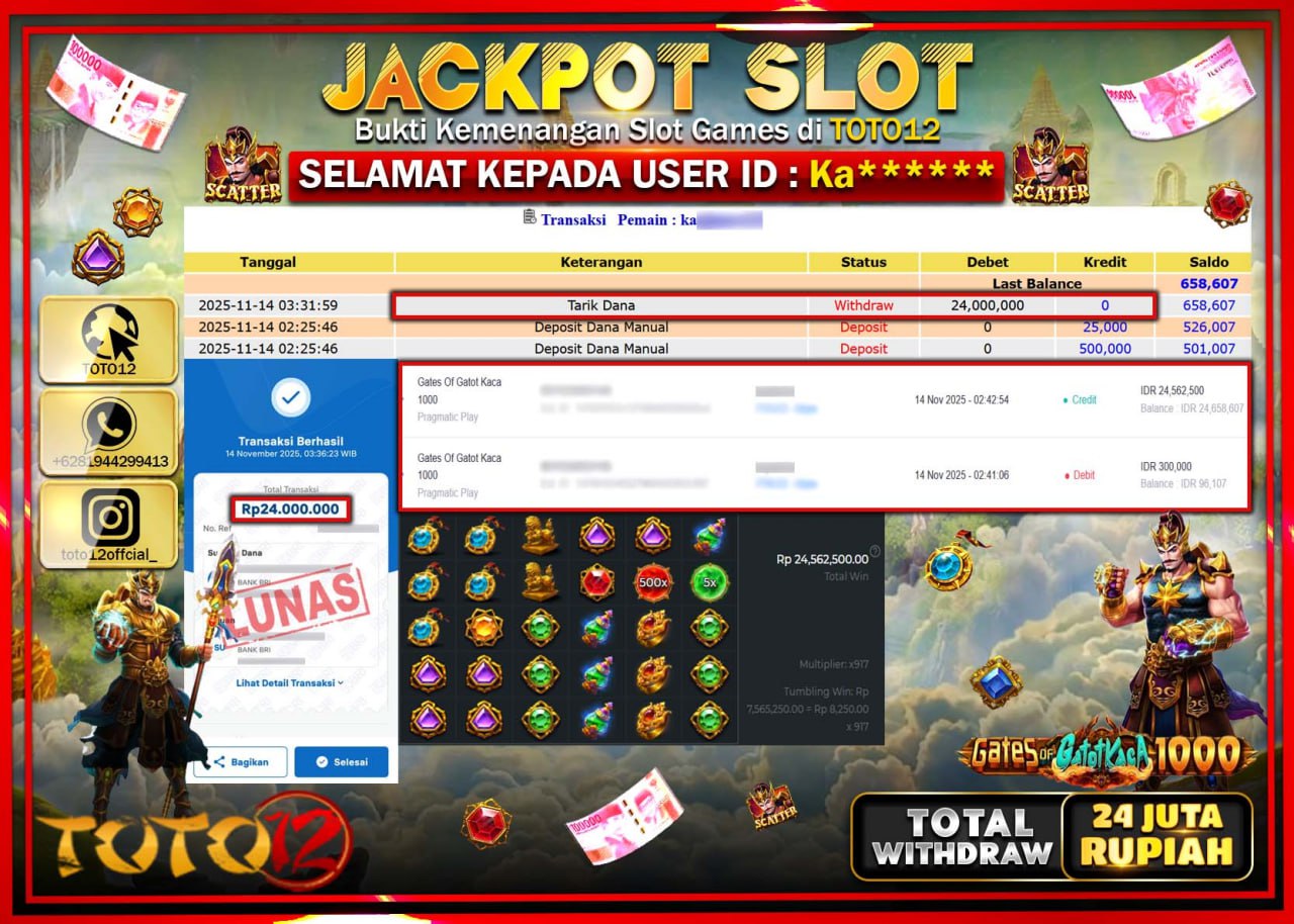 HANYA DI TOTO12 JP PASTI DI BAYAR LUNAS DAN CEPAT!!!!!! JACKPOT SLOT GAME (GATES OF GATOT KACA 1000) Rp.24.000.000 !!!!