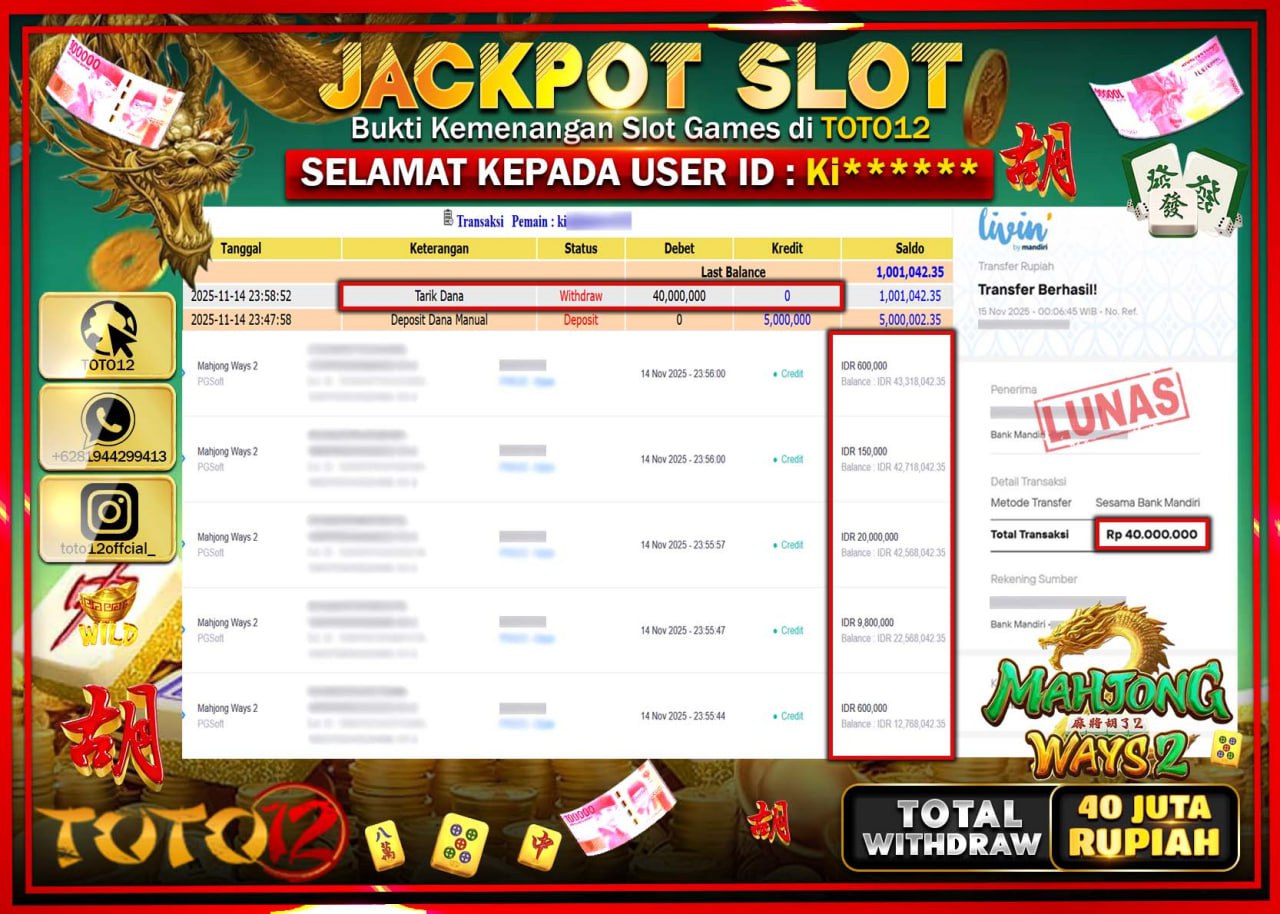 HANYA DI TOTO12 JP PASTI DI BAYAR LUNAS DAN CEPAT!!!!!! JACKPOT SLOT GAME (MAHJONG WAYS 2) Rp.40.000.000 !!!!