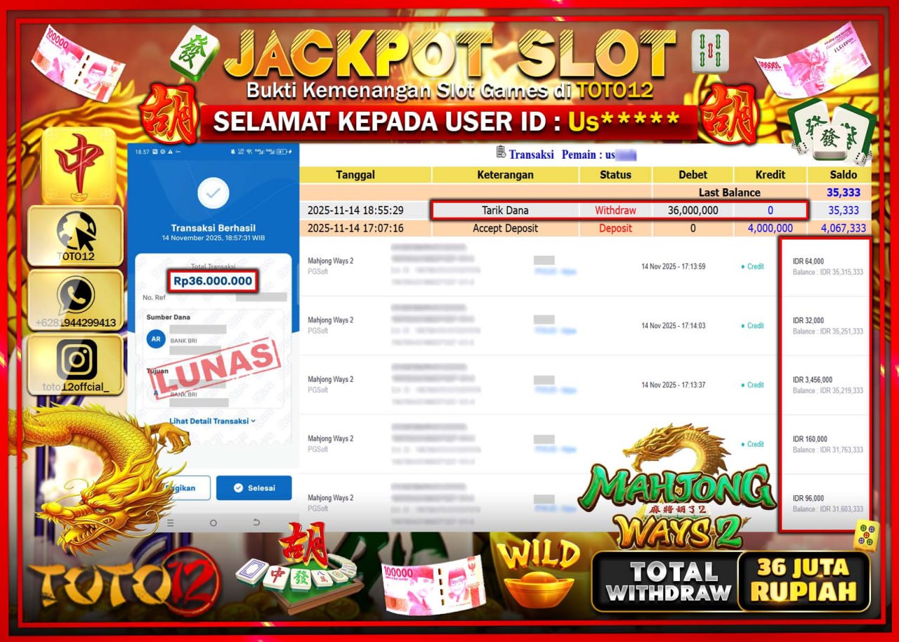 HANYA DI TOTO12 JP PASTI DI BAYAR LUNAS DAN CEPAT!!!!!! JACKPOT SLOT GAME (MAHJONG WAYS 2) Rp.36.000.000 !!!!