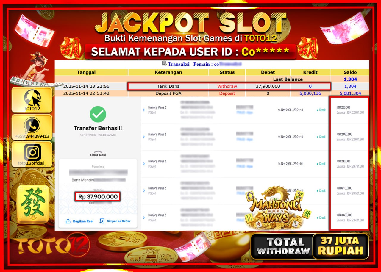 HANYA DI TOTO12 JP PASTI DI BAYAR LUNAS DAN CEPAT!!!!!! JACKPOT SLOT GAME (MAHJONG WAYS) Rp.37.900.000 !!!!
