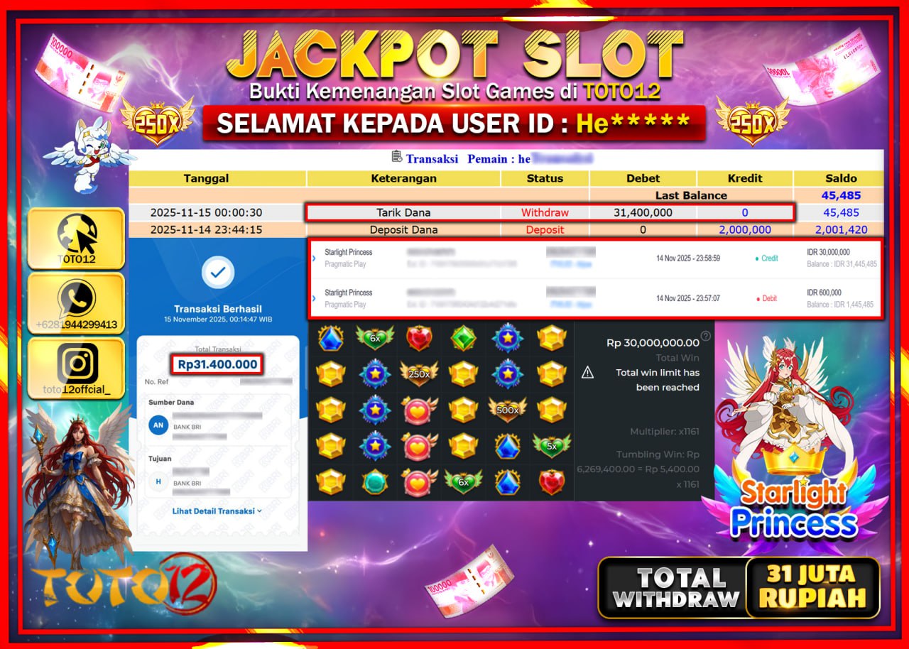 HANYA DI TOTO12 JP PASTI DI BAYAR LUNAS DAN CEPAT!!!!!! JACKPOT SLOT GAME (STARLIGHT PRINCESS) Rp.31.400.000 !!!!