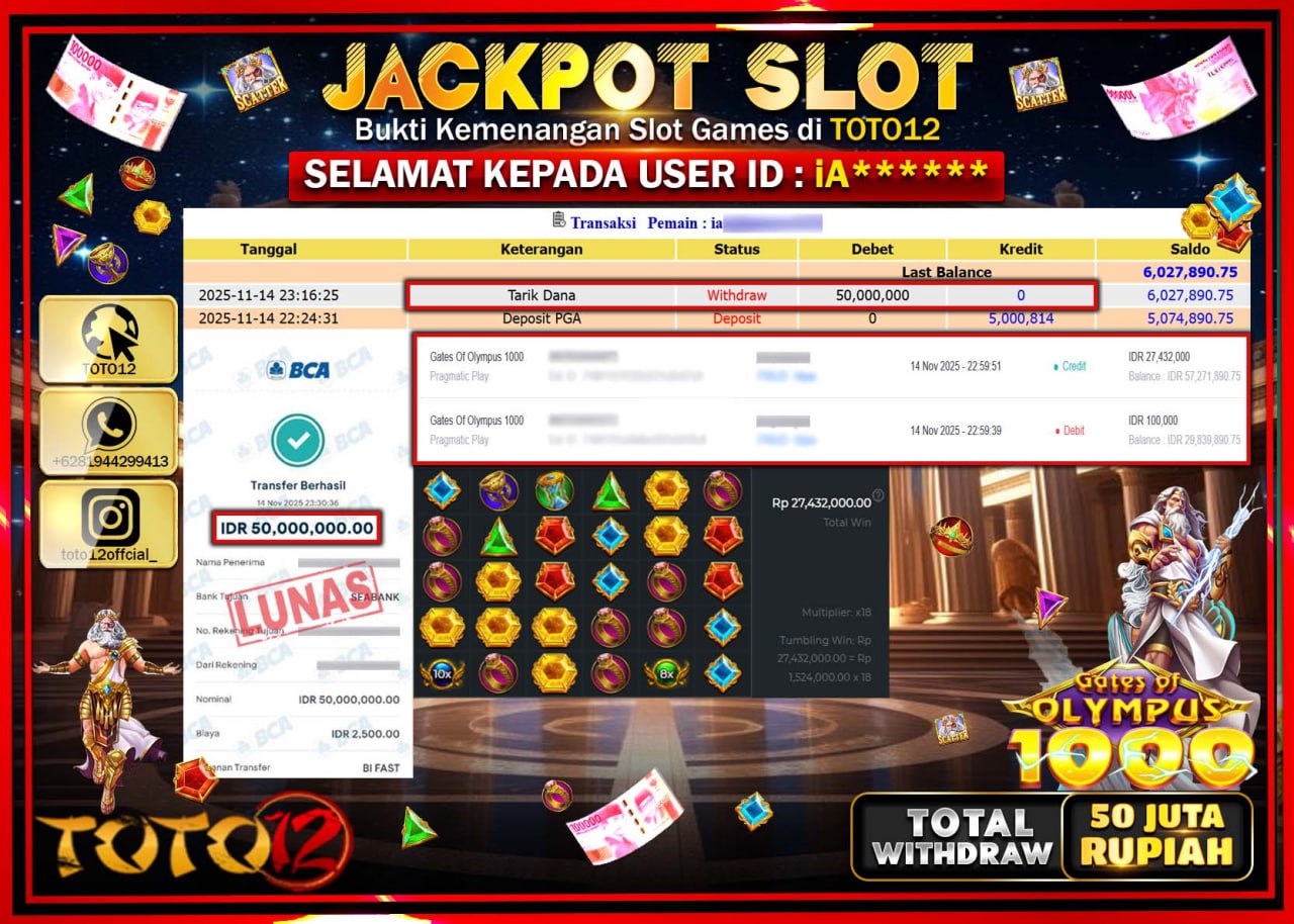 HANYA DI TOTO12 JP PASTI DI BAYAR LUNAS DAN CEPAT!!!!!! JACKPOT SLOT GAME (GATES OF OLYMPUS 1000) Rp.50.000.000 !!!!