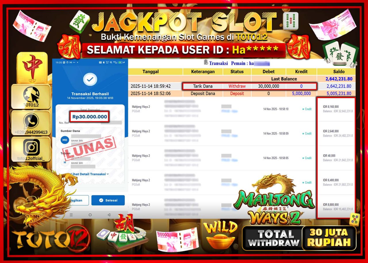 HANYA DI TOTO12 JP PASTI DI BAYAR LUNAS DAN CEPAT!!!!!! JACKPOT SLOT GAME (MAHJONG WAYS 2) Rp.30.000.000 !!!!