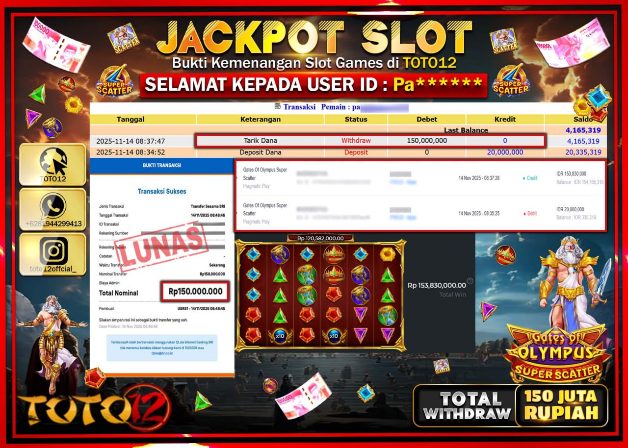HANYA DI TOTO12 JP PASTI DI BAYAR LUNAS DAN CEPAT!!!!!! JACKPOT SLOT GAME (GATES OF OLYMPUS SUPER SCATTER) Rp.150.000.000 !!!!