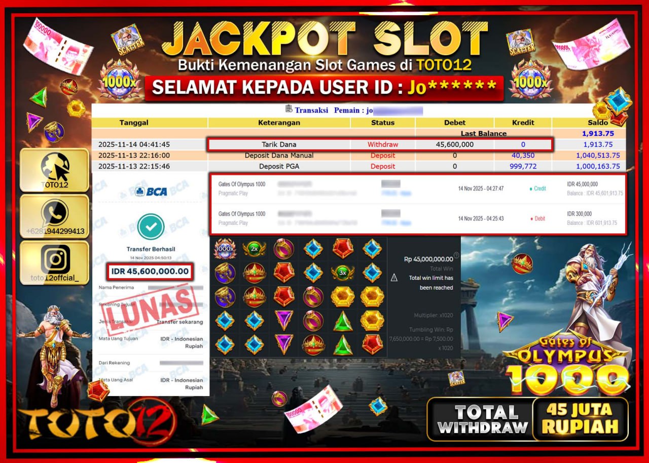 HANYA DI TOTO12 JP PASTI DI BAYAR LUNAS DAN CEPAT!!!!!! JACKPOT SLOT GAME (GATES OF OLYMPUS 1000) Rp.45.600.000 !!!!