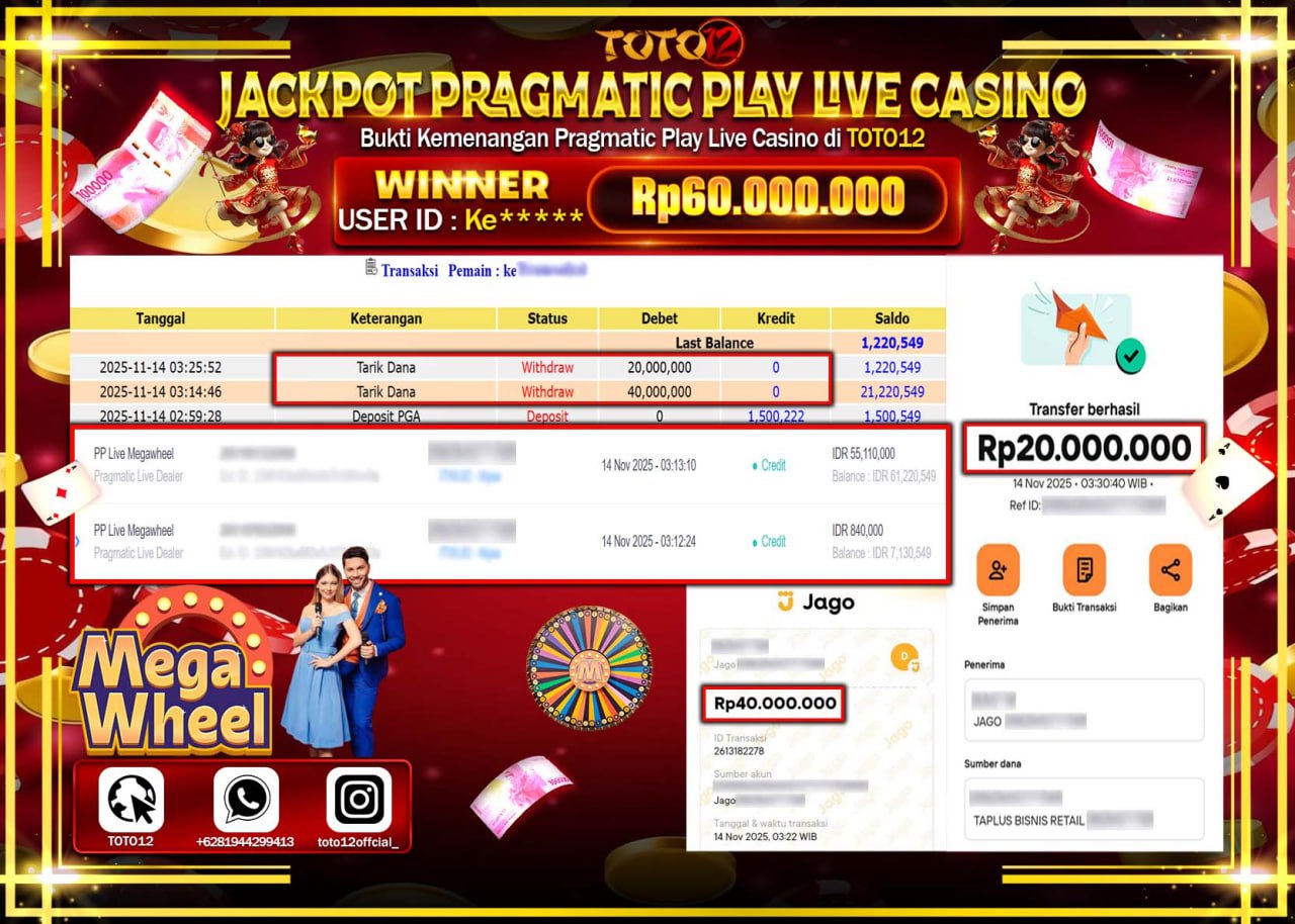 HANYA DI TOTO12 JP PASTI DI BAYAR LUNAS DAN CEPAT!!!!!! JACKPOT PRAGMATIC PLAY LIVE CASINO (MEGA WHEEL) Rp.60.000.000 !!!!