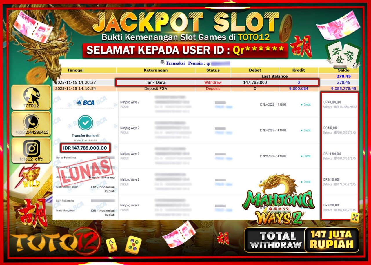 HANYA DI TOTO12 JP PASTI DI BAYAR LUNAS DAN CEPAT!!!!!! JACKPOT SLOT GAME (MAHJONG WAYS 2) Rp.147.785.000 !!!!