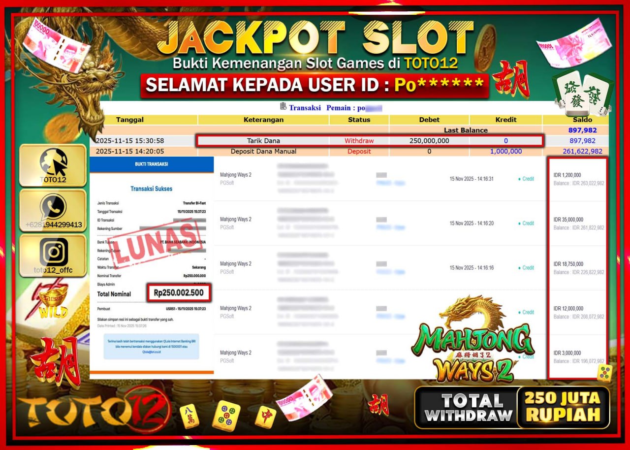 HANYA DI TOTO12 JP PASTI DI BAYAR LUNAS DAN CEPAT!!!!!! JACKPOT SLOT GAME (MAHJONG WAYS 2) Rp.250.000.000 !!!!