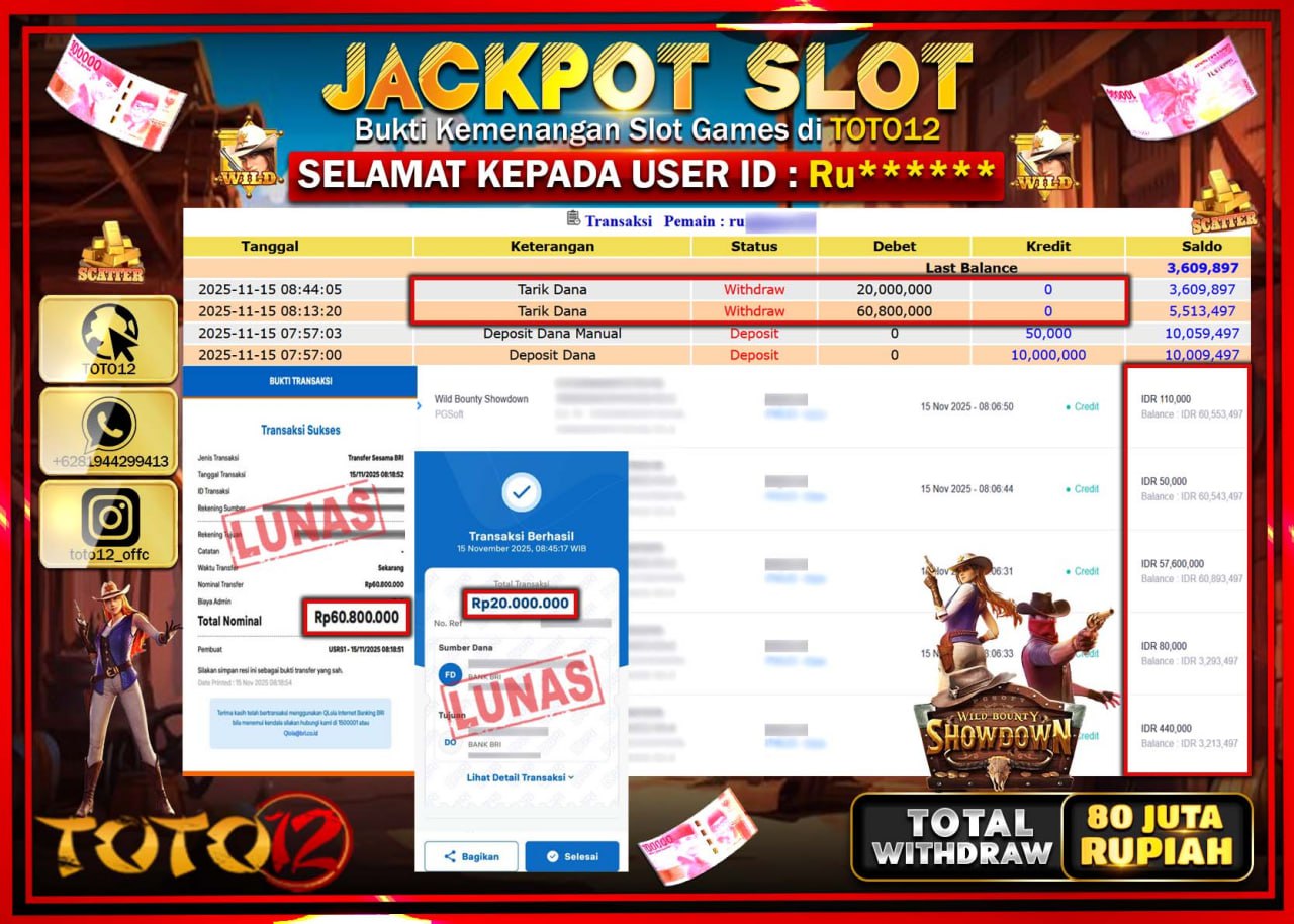 HANYA DI TOTO12 JP PASTI DI BAYAR LUNAS DAN CEPAT!!!!!! JACKPOT SLOT GAME (WILD BOUNTY SHOWDOWN) Rp.80.800.000 !!!!