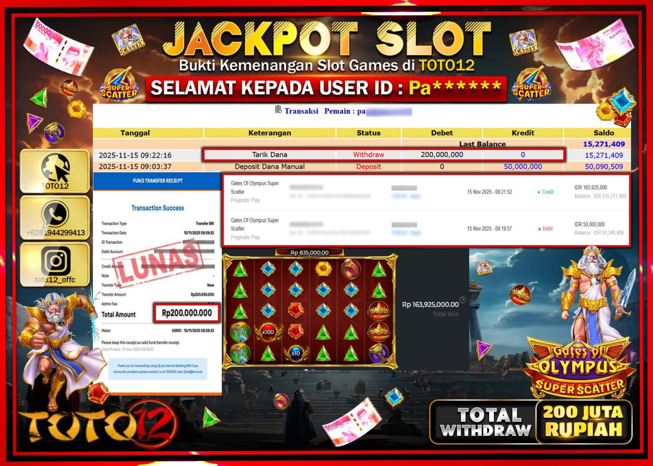 HANYA DI TOTO12 JP PASTI DI BAYAR LUNAS DAN CEPAT!!!!!! JACKPOT SLOT GAME (GATES OF OLYMPUS SUPER SCATTER) Rp.200.000.000 !!!!