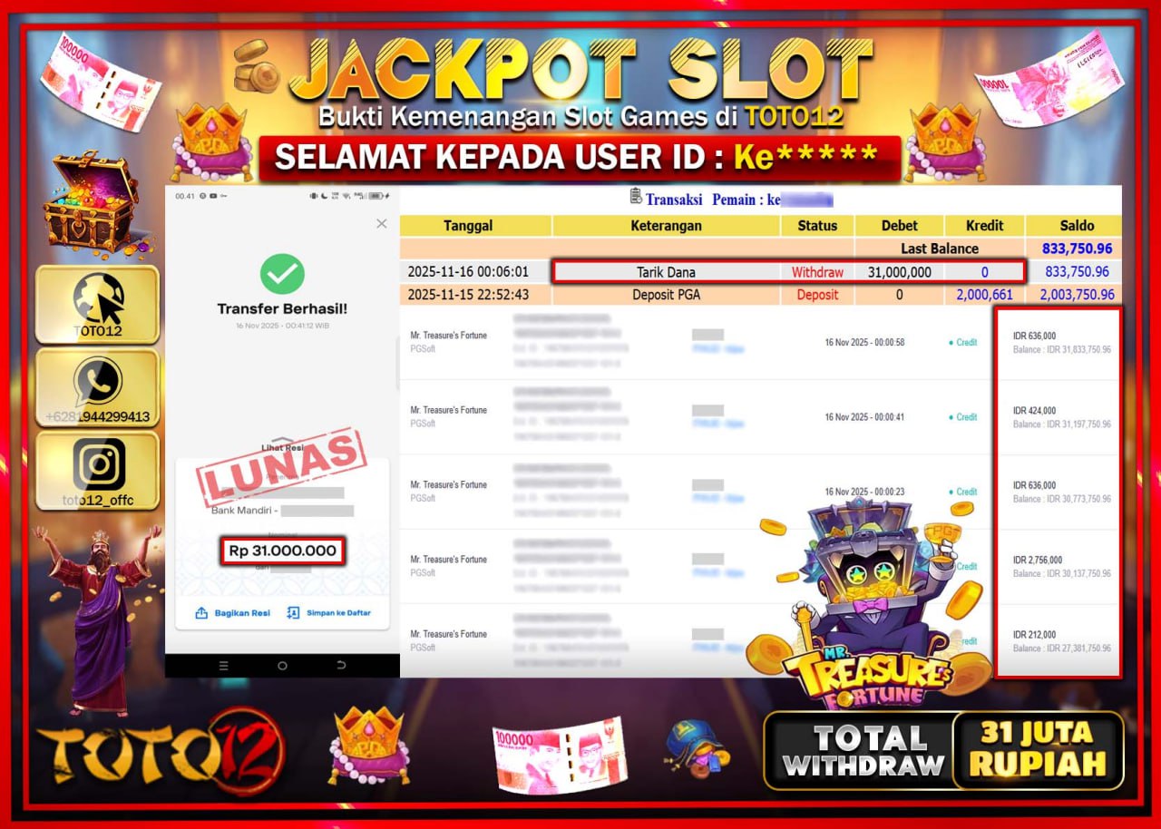 HANYA DI TOTO12 JP PASTI DI BAYAR LUNAS DAN CEPAT!!!!!! JACKPOT SLOT GAME (MR TREASURE FORTUNE) Rp.31.000.000 !!!!